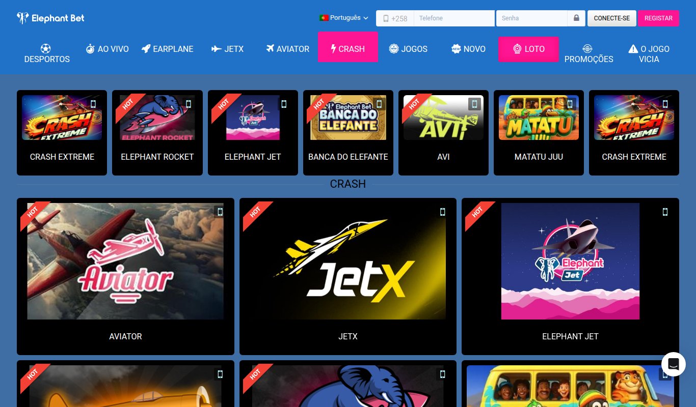Secção Crash da Elephant Bet Moçambique com o Aviator em destaque, ao lado do JetX e do Elephant Jet, e jogos como Crash Extreme, Elephant Rocket e Banca do Elefante