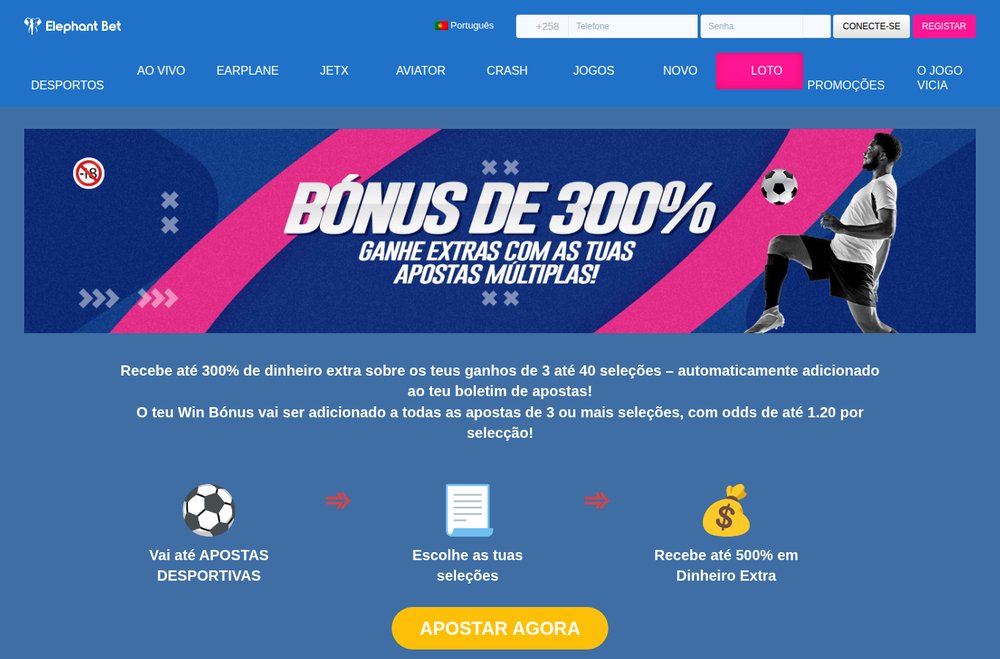 Promoção Bónus de 300% nas apostas múltiplas da Elephant Bet, com ganhos extra de 3 a 40 selecções