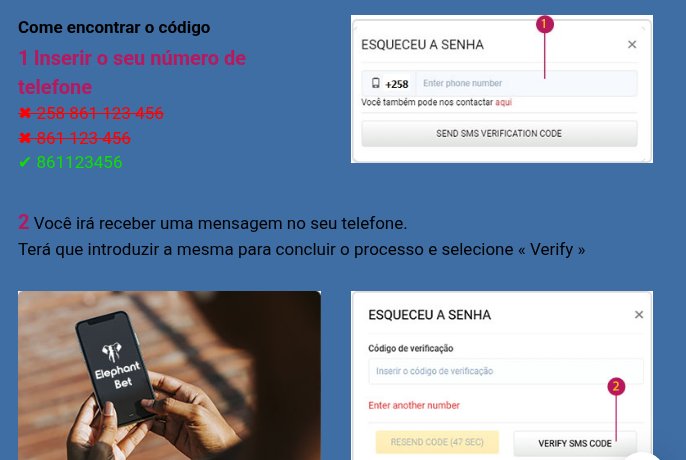 Guia da Elephant Bet para recuperar a senha: o número escreve-se com 9 dígitos seguidos, sem 258, e o código chega por SMS