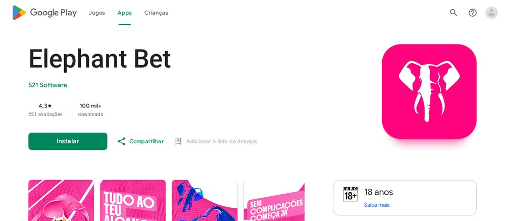 App Elephant Bet no Google Play, da 521 Software, apresentada como app de um café, que não é da Elephant Bet