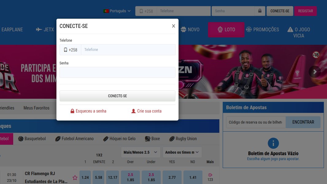 Janela Conecte-se da Elephant Bet Moçambique com o telefone (+258), a senha e as ligações Esqueceu a senha e Crie sua conta; no topo, os campos de login do cabeçalho