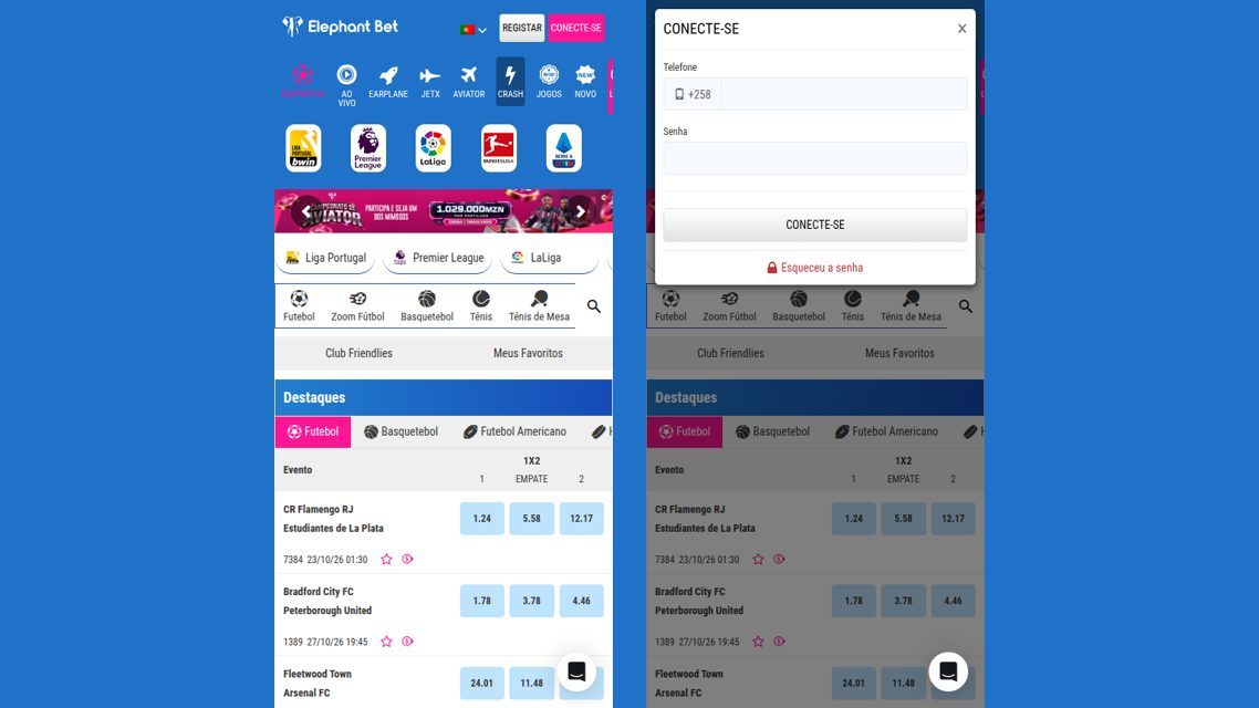 Login da Elephant Bet no telemóvel: a página inicial e a janela Conecte-se com telefone e senha