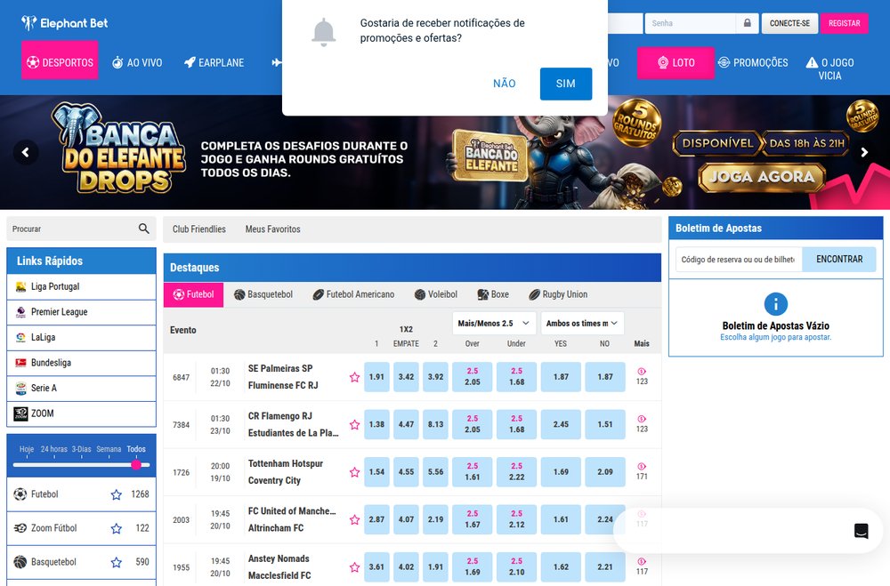 Página inicial da Elephant Bet Moçambique com a promoção Banca do Elefante Drops, os destaques de futebol com odds e o boletim