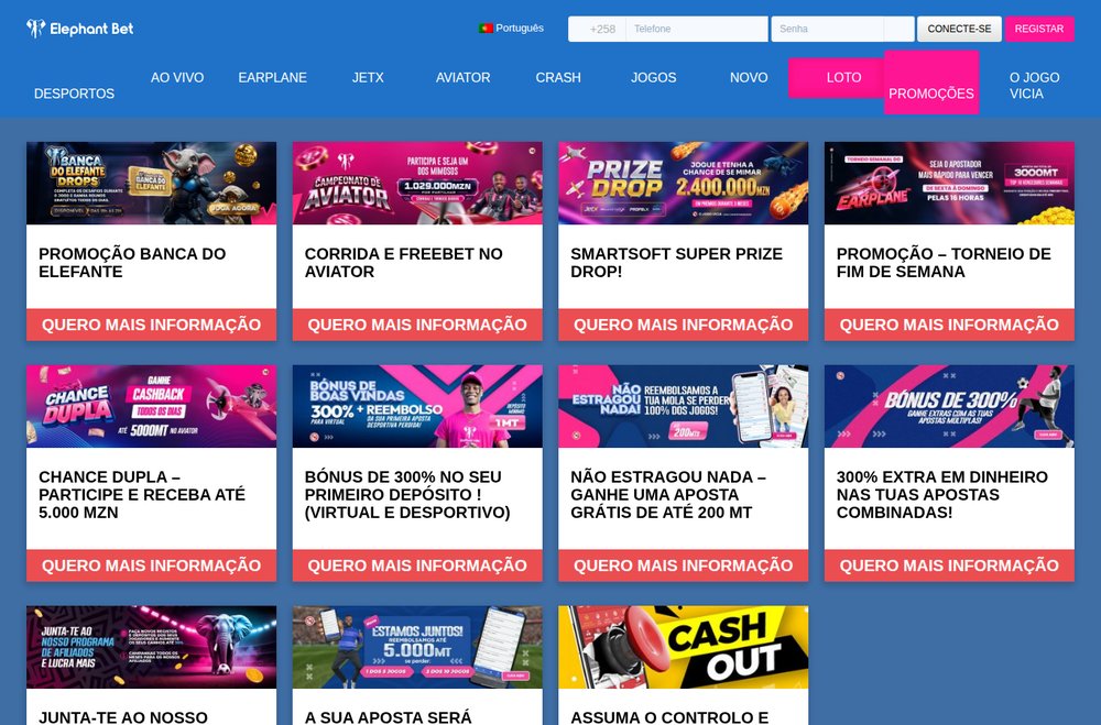 Página de promoções da Elephant Bet com Banca do Elefante, Freebet no Aviator, Super Prize Drop, Torneio de Fim de Semana, Chance Dupla e Bónus de 300%