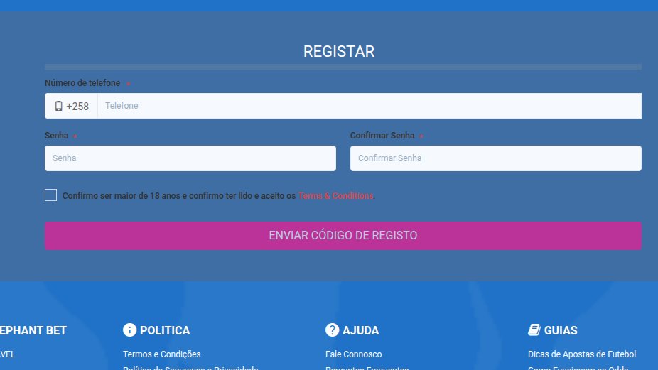 Formulário de registo da Elephant Bet com o número de telefone, a senha, a confirmação e o botão Enviar código de registo