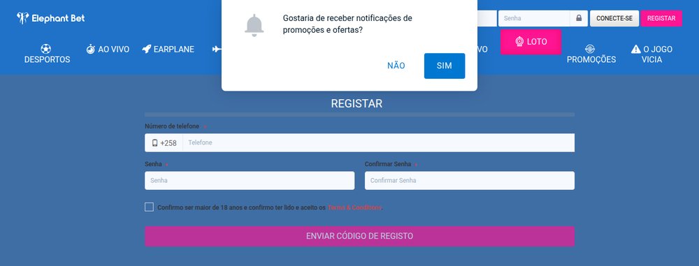 Formulário de registo da Elephant Bet com número de telefone +258, senha, confirmação e declaração de maioridade