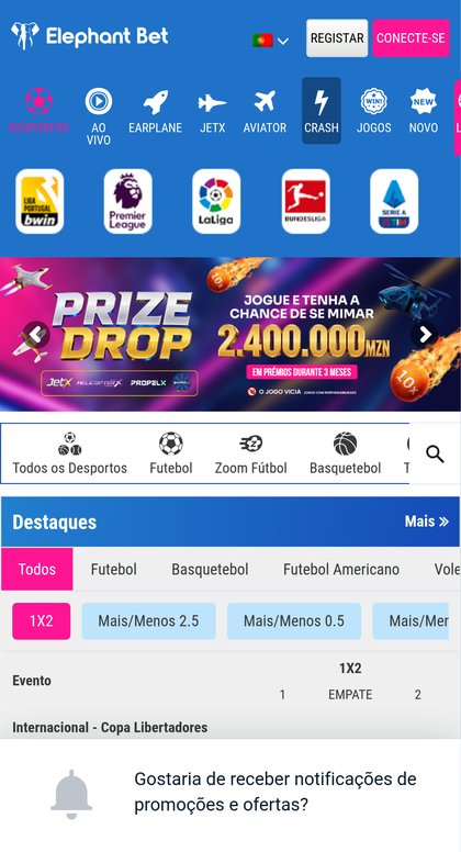 Site móvel da Elephant Bet com atalhos para Ao Vivo, Earplane, JetX, Aviator e Crash, as ligas em destaque e o Prize Drop de 2.400.000 MZN