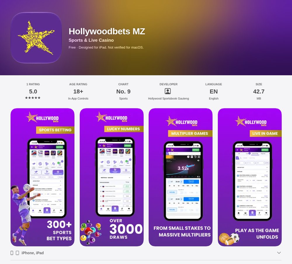 Ficha da app Hollywoodbets MZ na App Store de Moçambique, com 18+, n.º 9 em Desporto, Hollywood Sportsbook Gauteng e 42,7 MB
