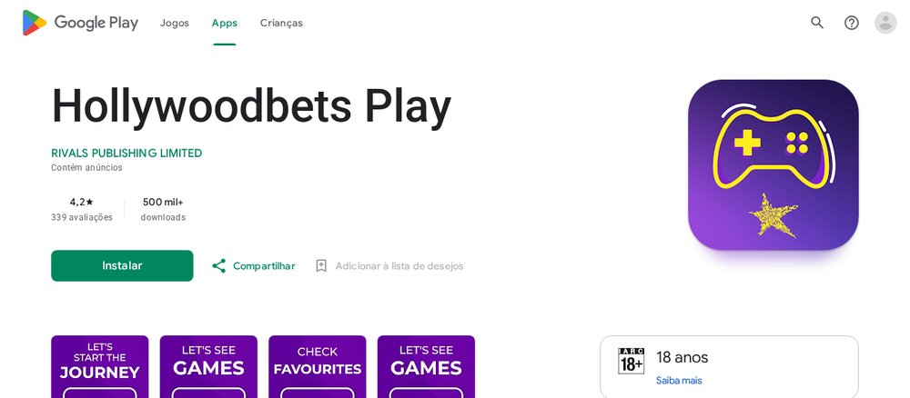App Hollywoodbets Play no Google Play, da Rivals Publishing Limited, uma app de minijogos que não serve para apostar