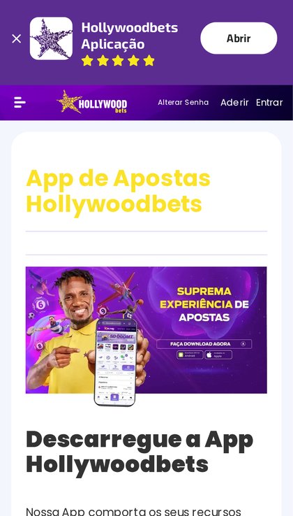 Página App de Apostas Hollywoodbets no telemóvel, com o banner da app no topo e a lista de vantagens