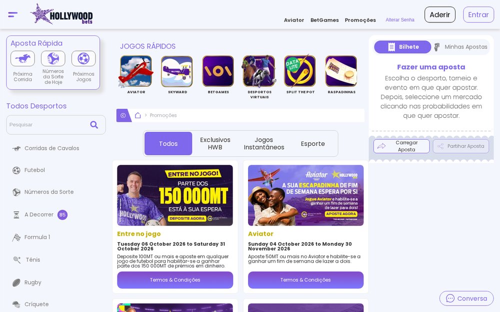 Página de promoções da HollywoodBets Moçambique com Entre no Jogo, 150.000 MT em prémios, e a escapadinha do Aviator