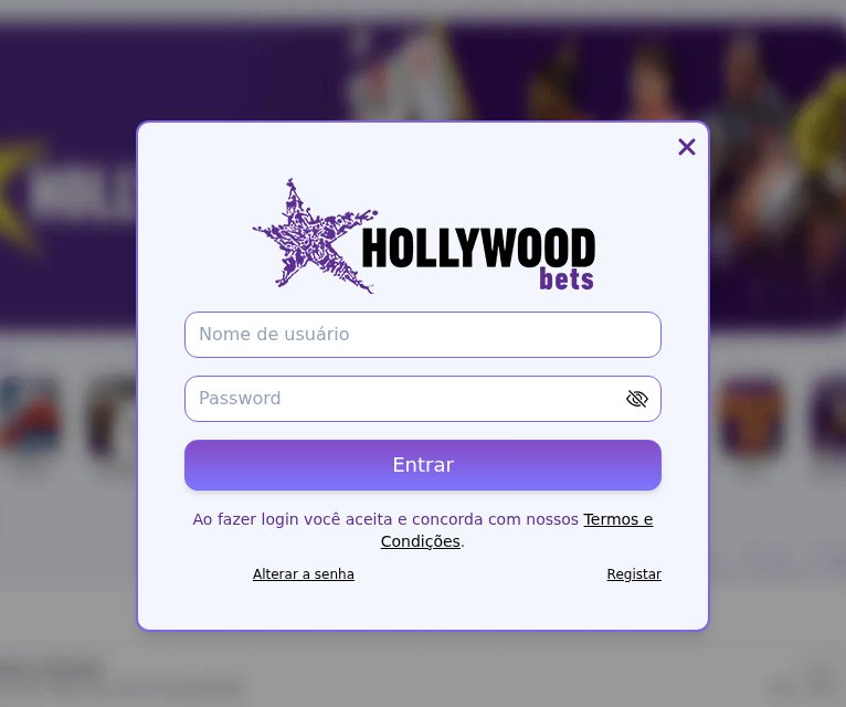 Janela de login da HollywoodBets, com nome de utilizador e password, que aparece ao carregar em Jogue Agora no Aviator sem sessão iniciada