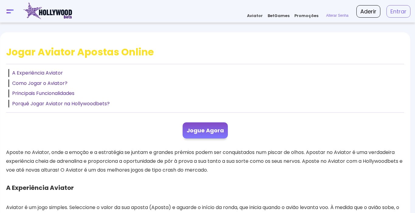 Página do Aviator na HollywoodBets Moçambique, com o índice A Experiência Aviator, Como Jogar, Principais Funcionalidades e o botão Jogue Agora