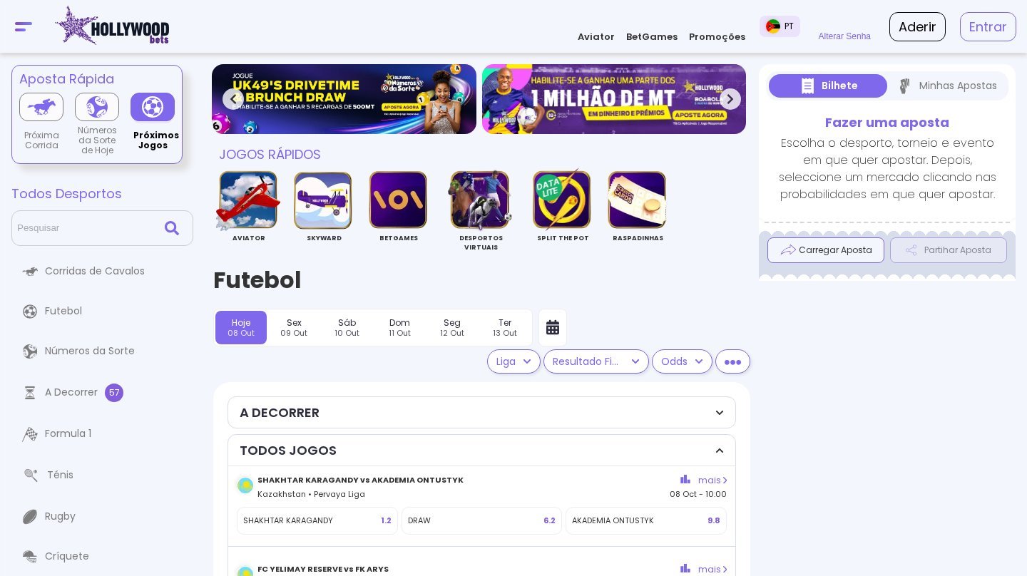 Secção de futebol da HollywoodBets Moçambique com os jogos do dia