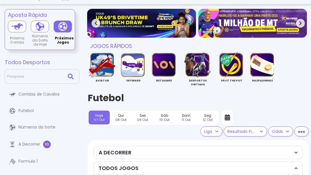 Secção de futebol da HollywoodBets Moçambique com o filtro Resultado Final e as odds de cada jogo