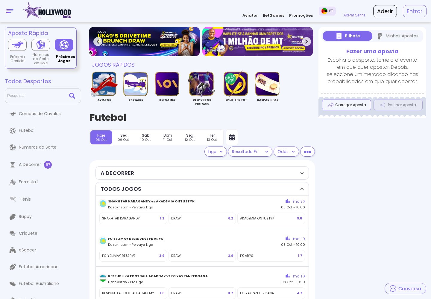 Secção de futebol da HollywoodBets Moçambique com os jogos do dia