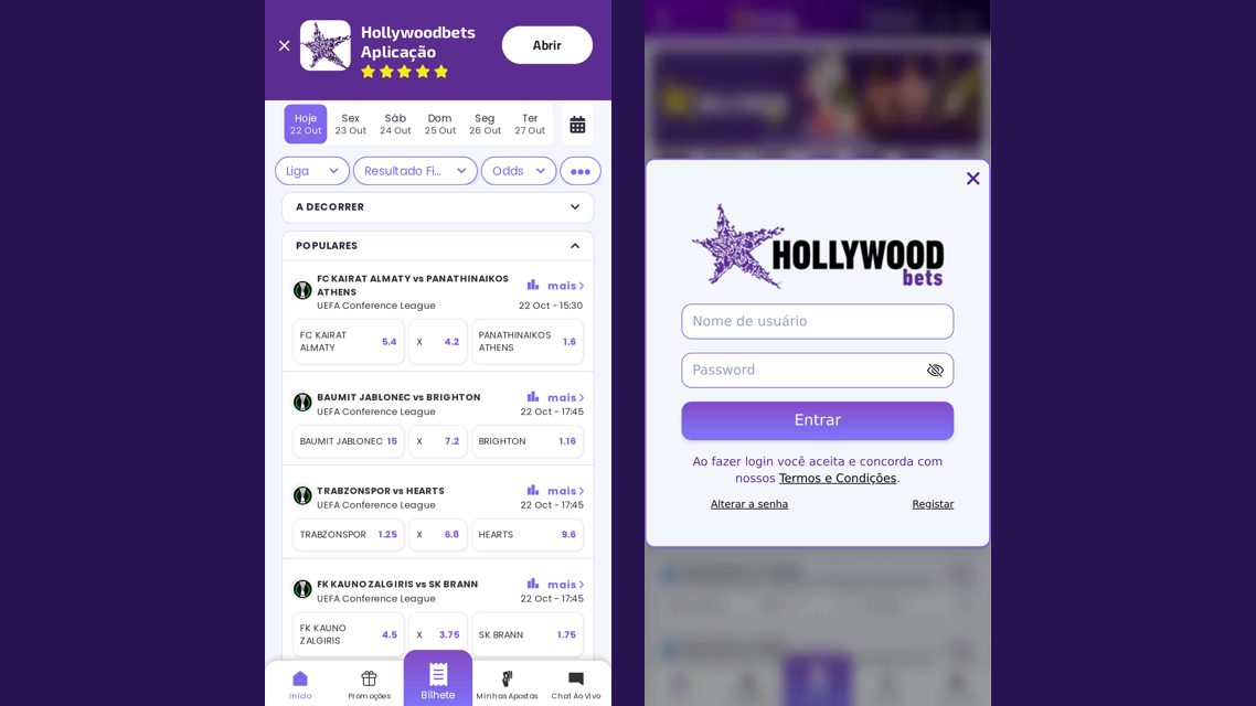 Login da HollywoodBets no telemóvel: a página inicial do site novo e a janela de entrada com nome de usuário e password