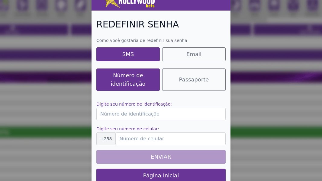Página Redefinir senha da HollywoodBets: escolha entre SMS e email, número de BI ou passaporte e número de telemóvel com +258