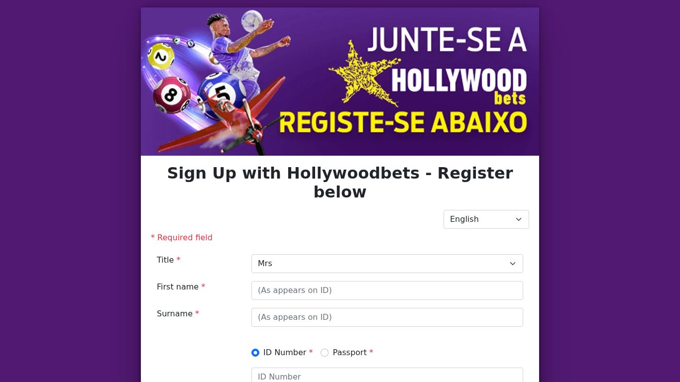 Formulário de registo da HollywoodBets Moçambique em register.hollywoodbets.co.mz, com título, nome, apelido e BI ou passaporte