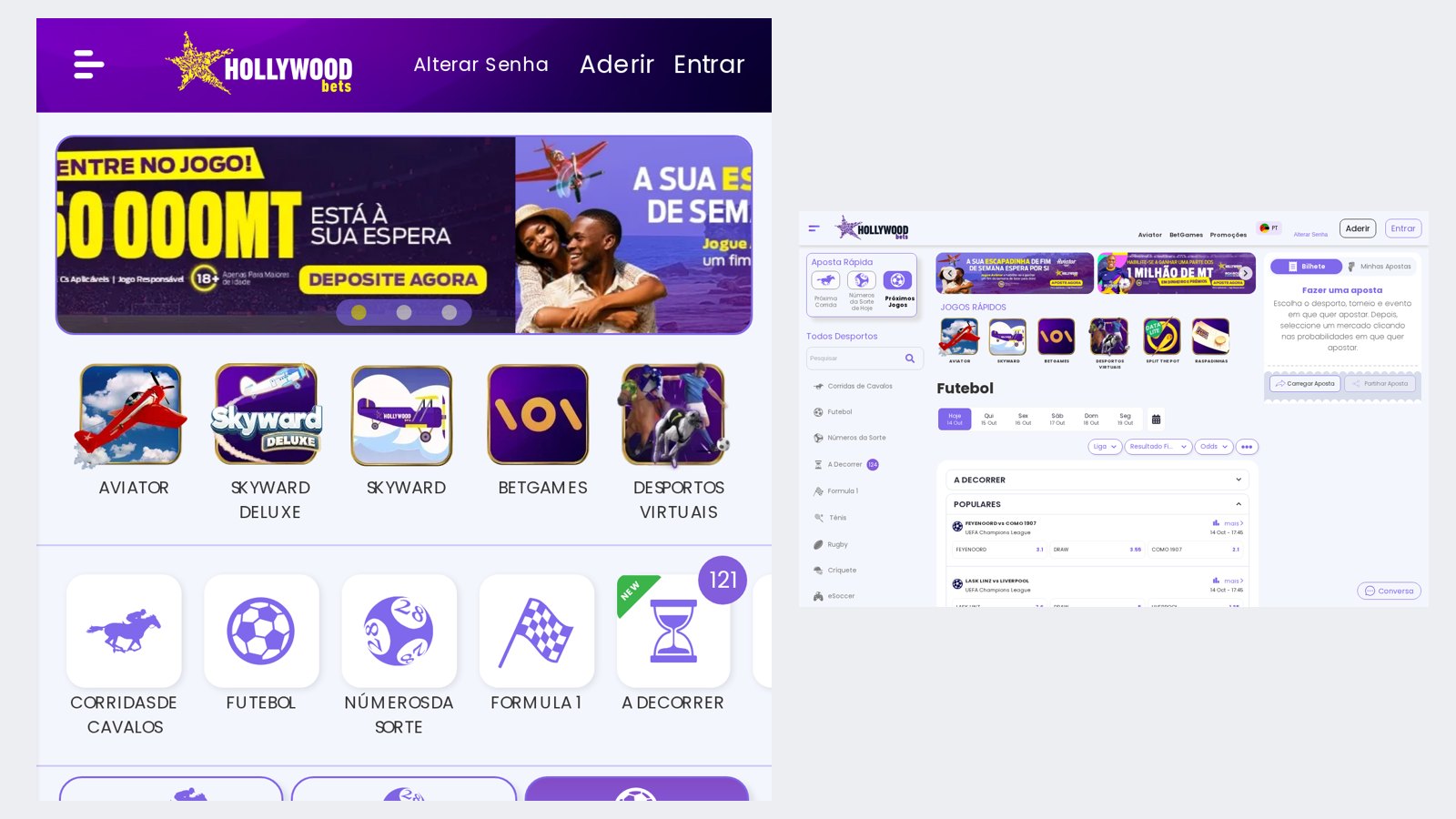 Site novo da HollywoodBets Moçambique no telemóvel, com jogos rápidos e o atalho A Decorrer com 121 eventos, e no computador, com a Aposta Rápida e a lista de futebol