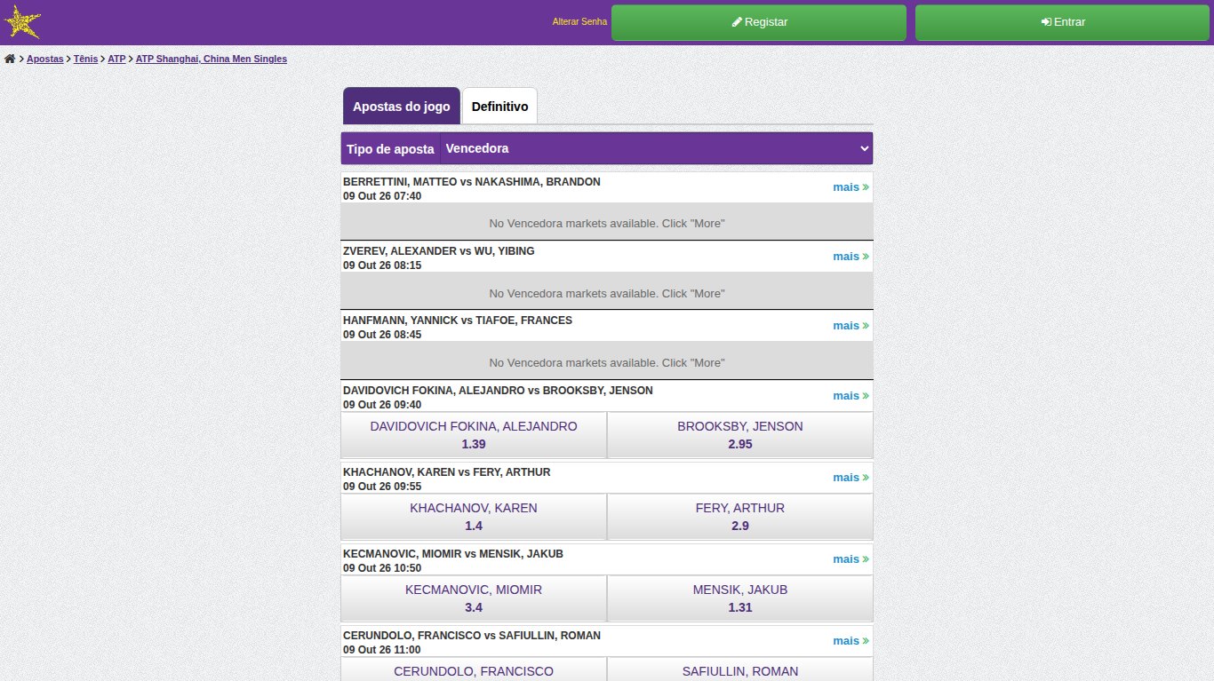 Jogos do ATP de Xangai na HollywoodBets Moçambique com as odds de vencedor de cada encontro