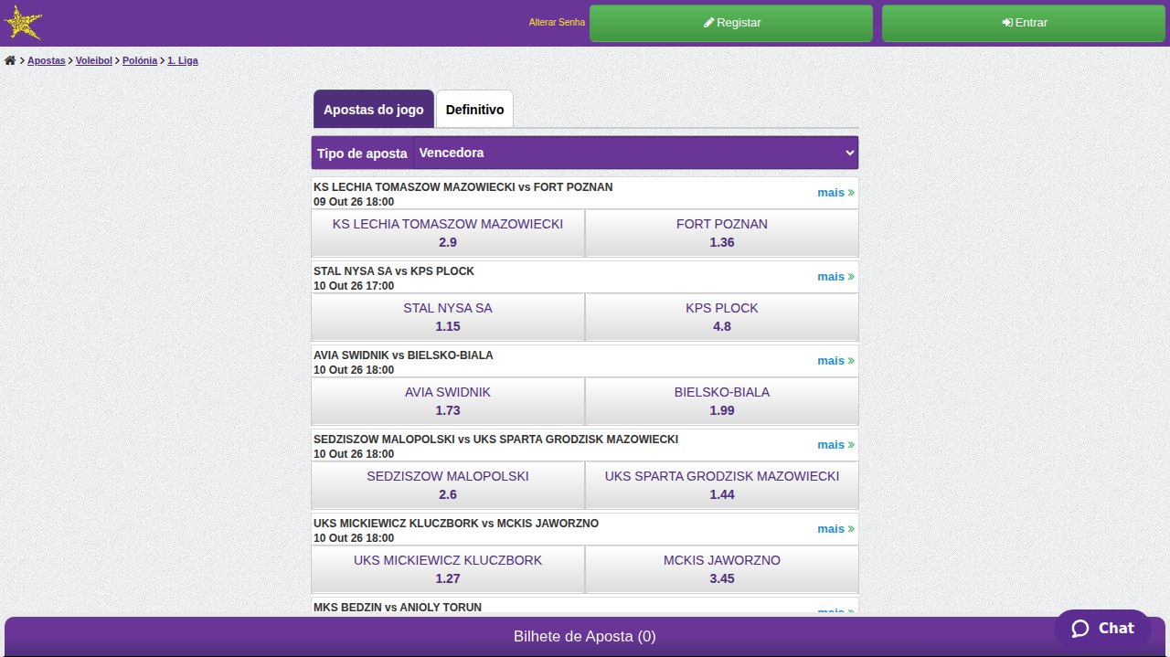 Jogos da 1. Liga de voleibol da Polónia na HollywoodBets Moçambique com a odd de cada equipa