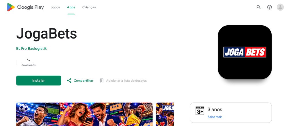 App JogaBets no Google Play publicada pela BL Pro Baulogistik, com 1 download, que não é da JogaBets