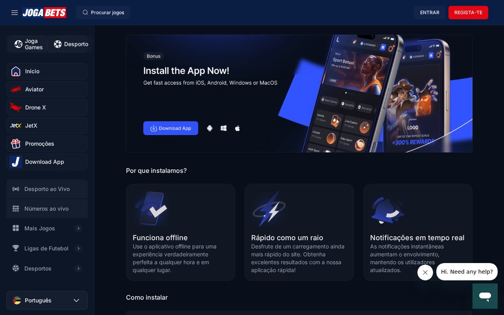 Página Download App da JogaBets no computador, com o botão Download App e os ícones de Android, Windows e Apple