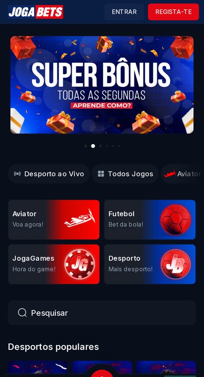 Site móvel da JogaBets com o banner Super Bónus, atalhos para Aviator, Futebol, JogaGames e Desporto e o menu inferior