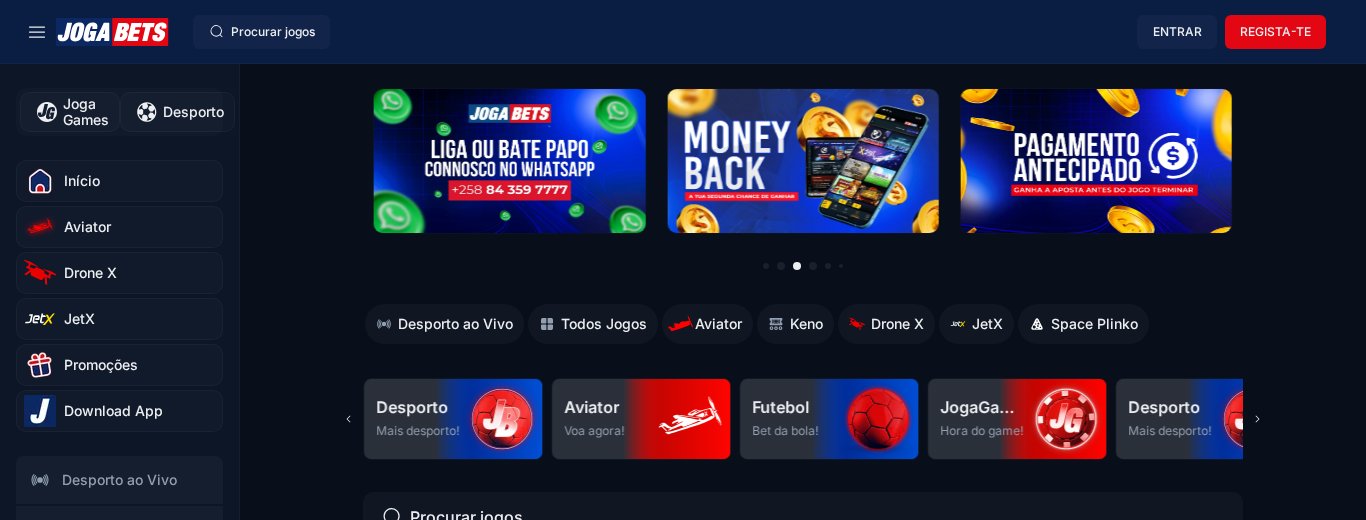 Página inicial da JogaBets com o Aviator, o Drone X e o JetX no menu lateral e o atalho Aviator Voa agora, e os banners Money Back e Pagamento Antecipado