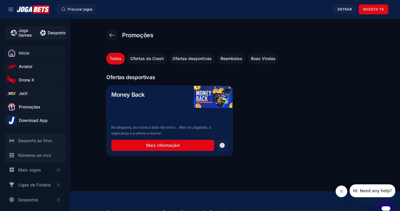 Página de promoções da JogaBets com o Money Back como única oferta e os separadores Ofertas do Crash, Reembolso e Boas Vindas