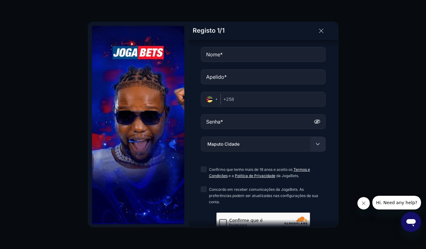 Formulário de registo da JogaBets que aparece ao abrir o Aviator a dinheiro sem conta, com nome, apelido, telefone +258, senha e província