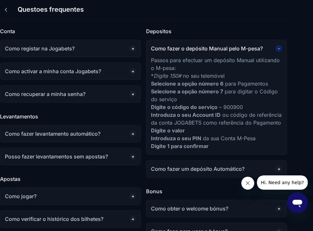 Perguntas frequentes da JogaBets com os passos do depósito manual por M-Pesa pelo *150# e o código 900900