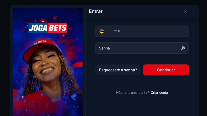 Janela Entrar da JogaBets Moçambique com o telefone (+258), a senha e os botões Esqueceste a senha? e Continuar