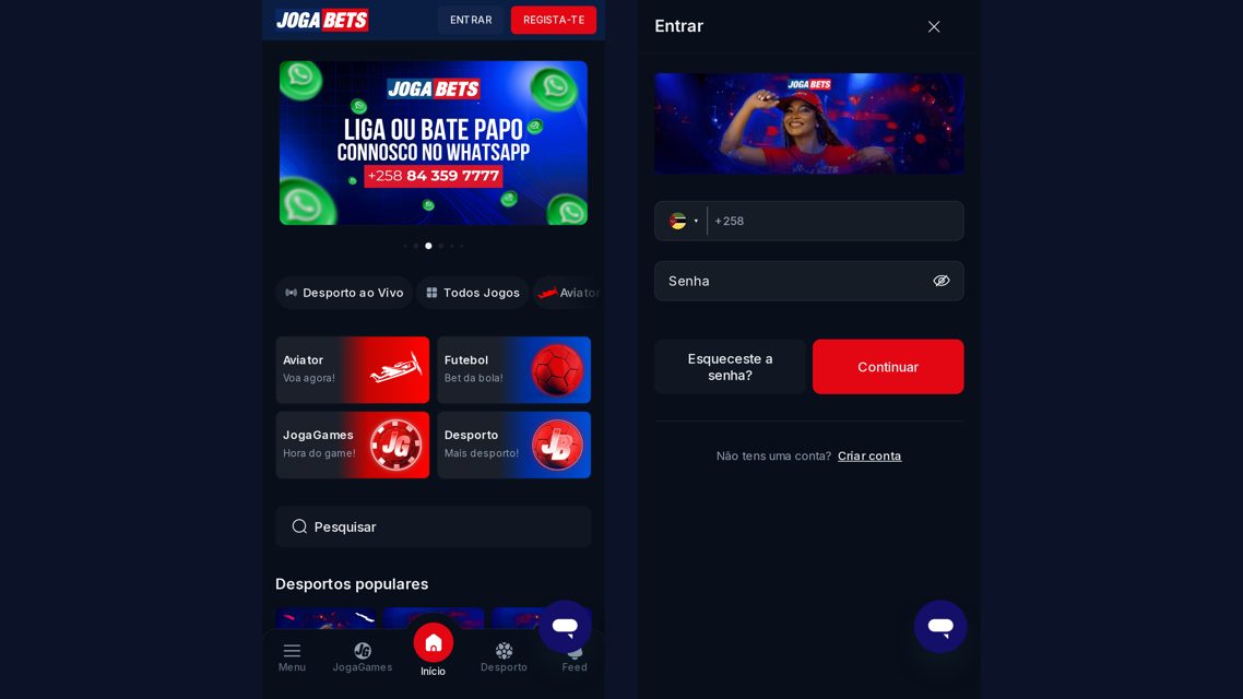 Login da JogaBets no telemóvel: a página inicial com os botões Entrar e Regista-te, e o ecrã Entrar