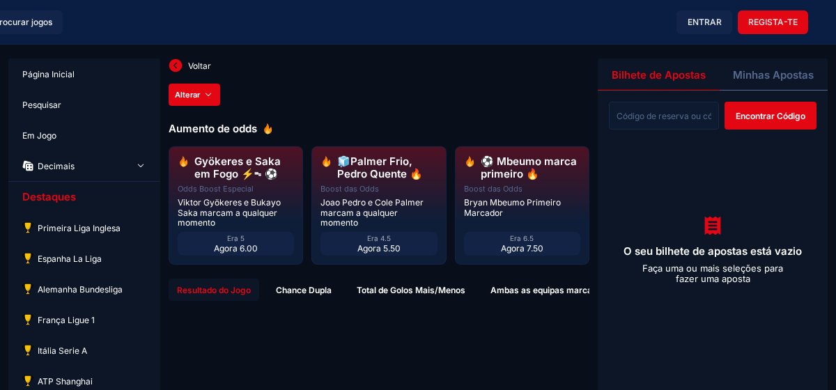 Odds aumentadas na secção Desporto da JogaBets, com odd antiga e nova