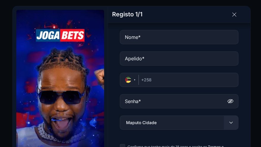 Formulário de registo da JogaBets com nome, apelido, telefone (+258), senha e província