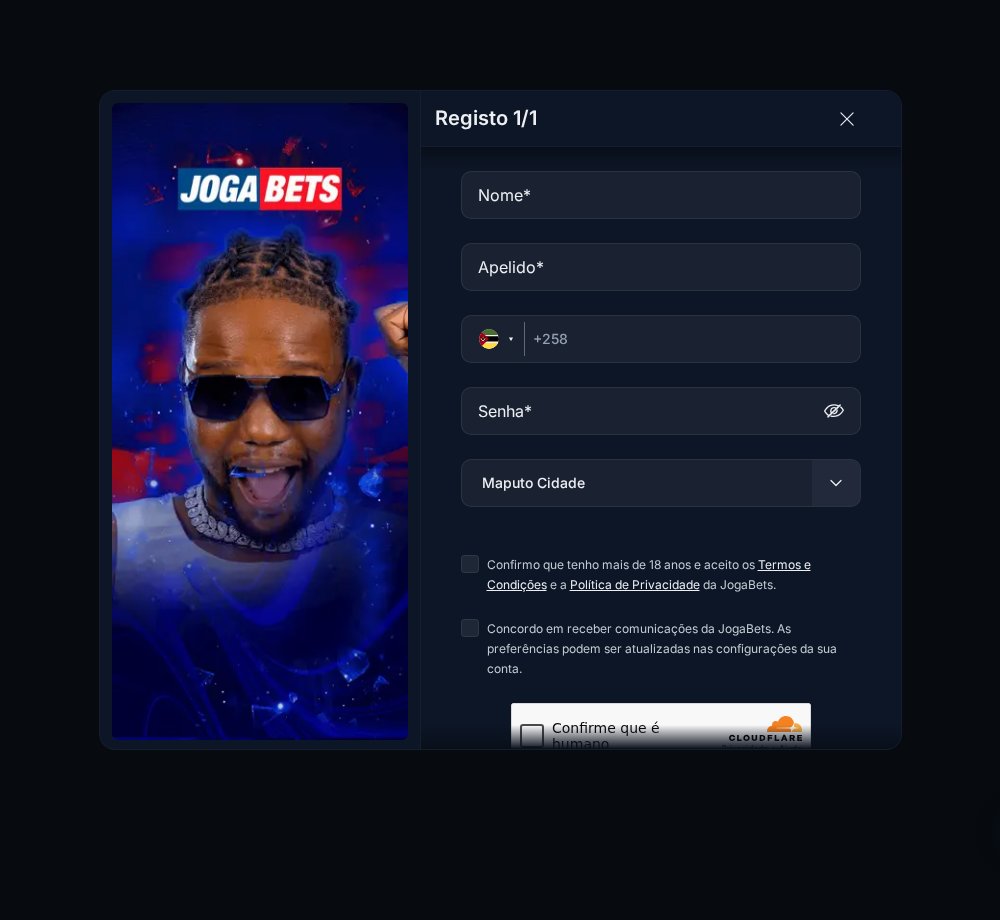 Formulário de registo da JogaBets com nome, apelido, telefone +258, senha e província