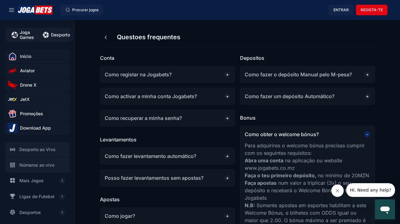Perguntas frequentes da JogaBets com as condições do welcome bónus: depósito mínimo de 20 MZN, apostar 3 vezes o depósito com odds de 2.00 e bónus máximo de 3.000 MZN