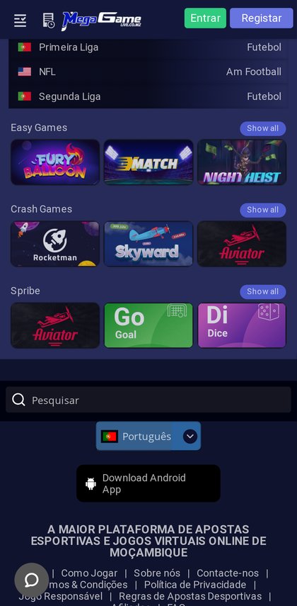 Botão Download Android App no rodapé do site móvel da Mega Game, por baixo dos jogos crash e da Spribe