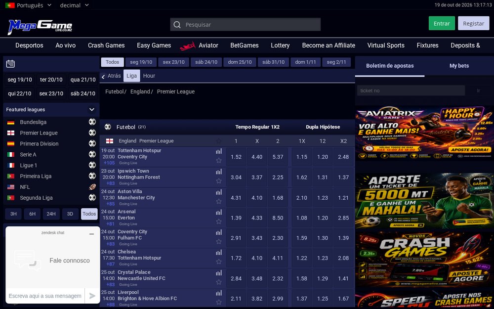Jogos da Premier League na Mega Game com odds 1X2 e dupla hipótese e o boletim de apostas à direita