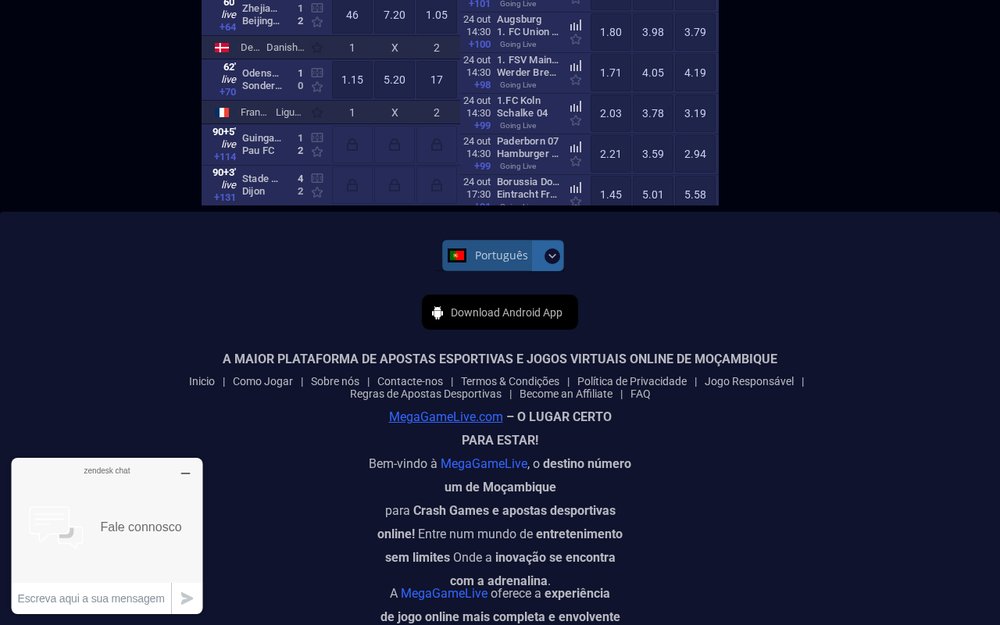 Rodapé do site da Mega Game no computador com o botão Download Android App e a selecção de idioma