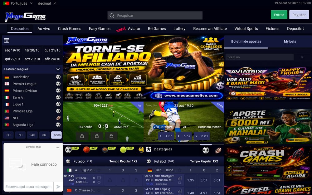 Página inicial da Mega Game com o banner de afiliados, jogos em destaque, Aviatrix, ticket de 5000 MT e Crash Games