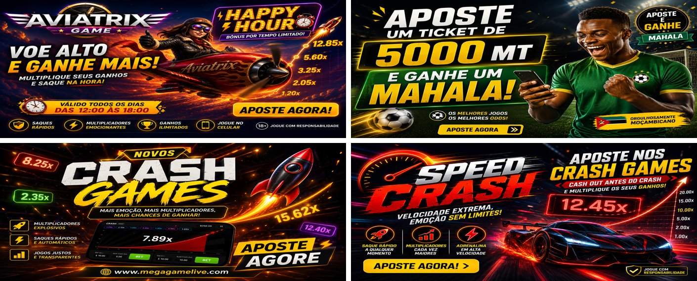 Banners de promoções da Mega Game: Aviatrix Happy Hour das 12h às 18h, Novos Crash Games, ticket de 5000 MT para ganhar um Mahala e Speed Crash