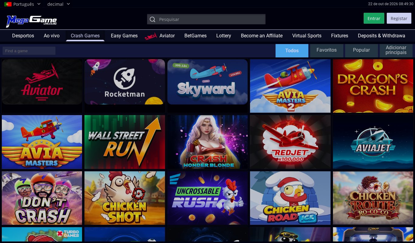 Secção Crash Games da Mega Game com o Aviator, Rocketman, Skyward, Avia Masters 2, Dragon's Crash, RedJet, Aviajet, Chicken Road e outros