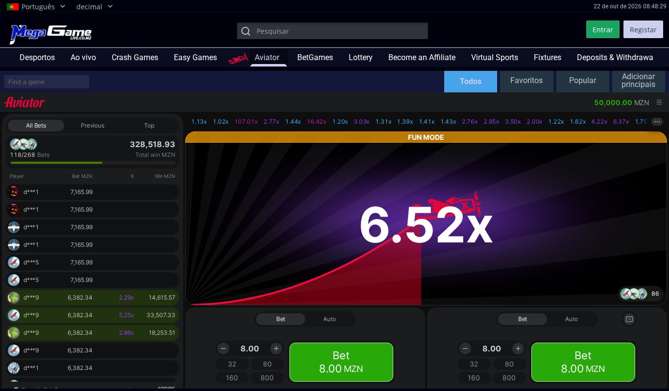 Aviator na Mega Game em Fun Mode, sem sessão iniciada, com saldo de demonstração de 50.000 MZN, o multiplicador a 6.52x e os dois boletins de aposta