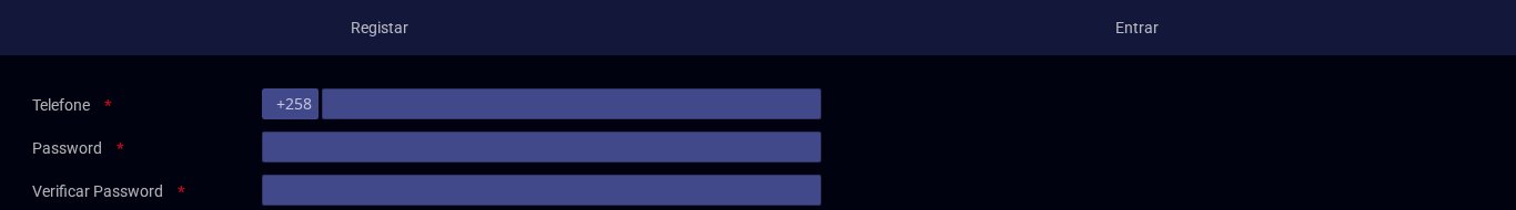 Formulário de registo da Mega Game com telefone (+258), password e verificação da password