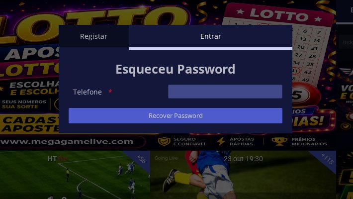 Janela Esqueceu Password da Mega Game, que pede só o número de telefone e o botão Recover Password