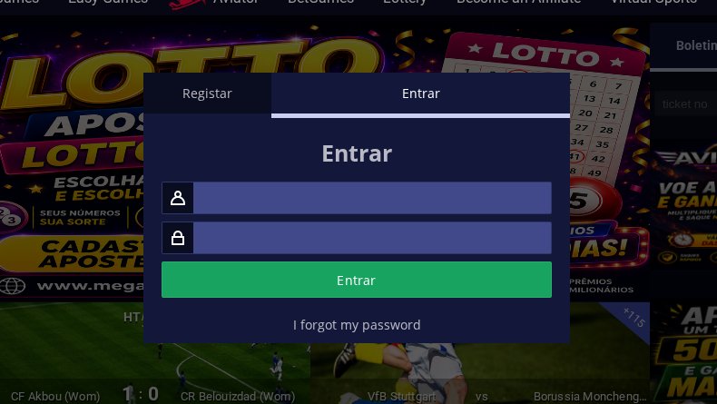 Janela Entrar da Mega Game (MegaGameLive), com o campo do utilizador, a password, o botão Entrar e a ligação I forgot my password
