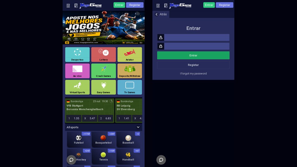 Login da Mega Game no telemóvel: a página inicial com os atalhos e o ecrã Entrar
